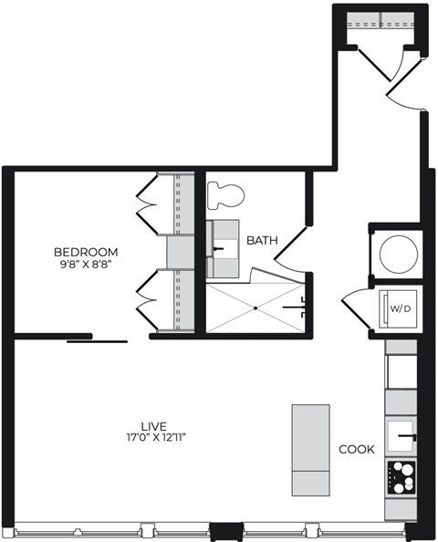 Floor plan for 1 bed, 1 bath, 631 sqft
